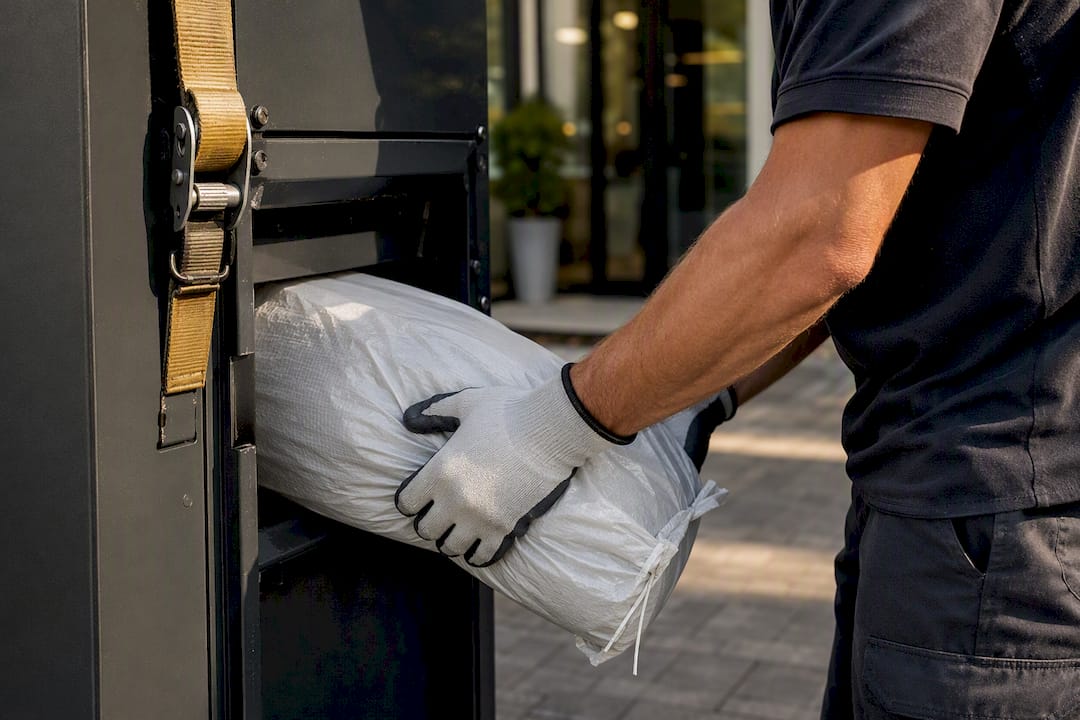 Operator feeding sack into mobile shredder