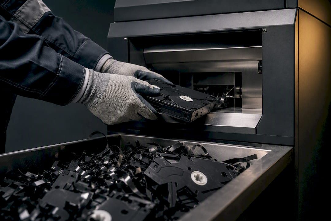 1789072308240_Magnetic-tape-entering-secure-media-shredder Magnetic tape entering secure media shredder
