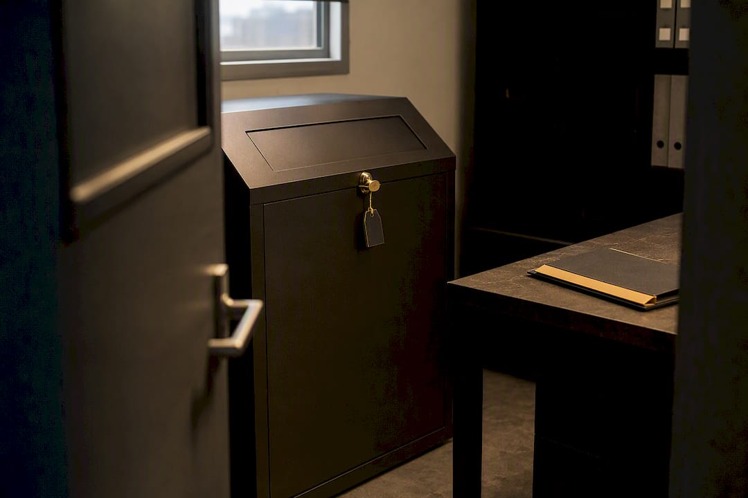 Locked confidential waste console with tamper seal